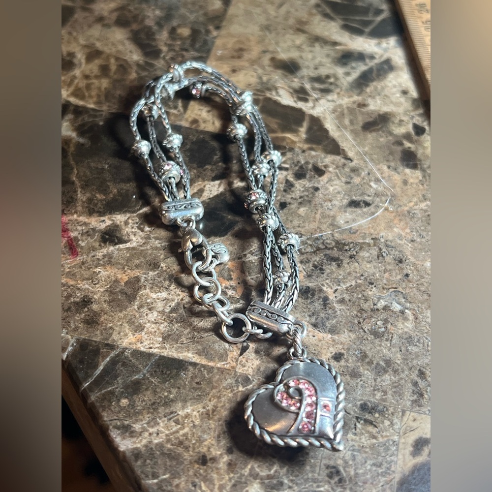 Brighton Power of Pink Ribbon Silver & Pink Heart Charm Breast Cancer Bracelet